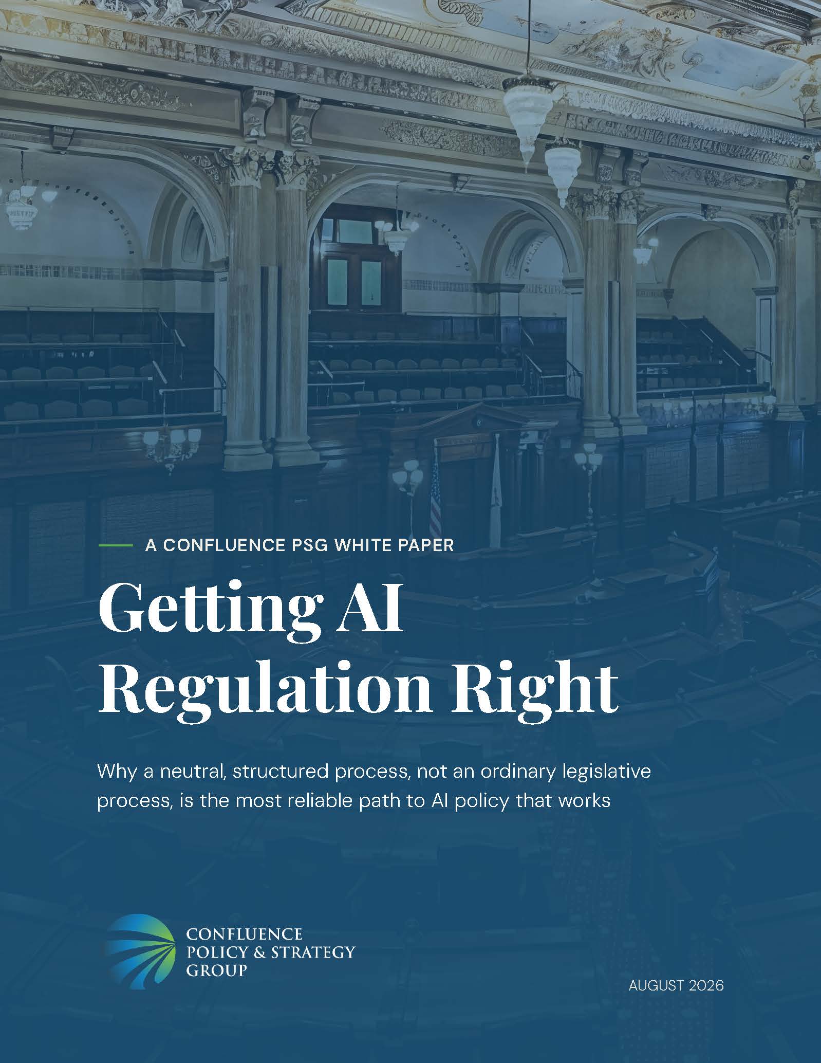 Cover of white paper on AI regulation with legislative chamber photo and title Getting AI Regulation Right